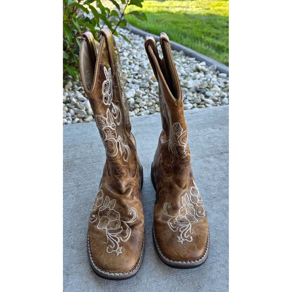 Shyanne Girls Brown Leather Floral Embroidered Western Boots BBSC1946 Size 4.0 D